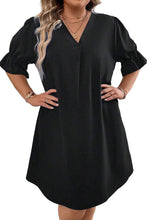 Black Solid Ruffled Puff Sleeve V Neck Plus Size Mini Dress