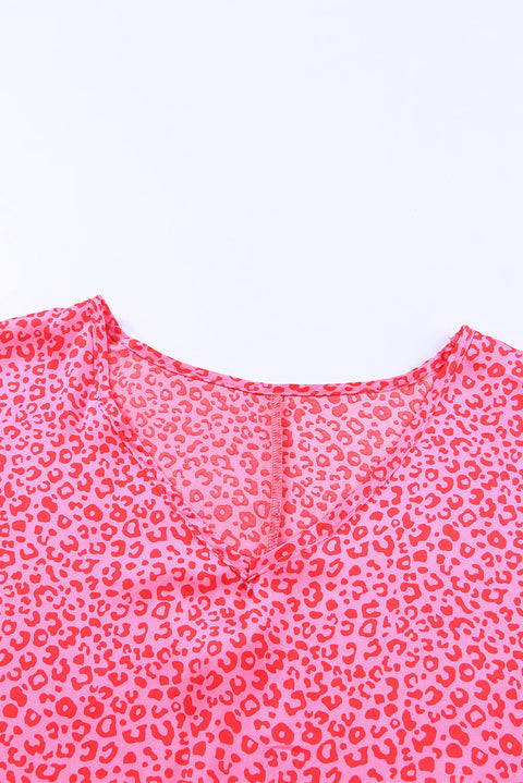 Leopard Print Oversized Half Sleeve V Neck Top