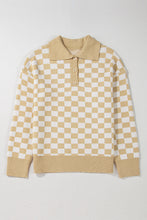 Apricot Checkered Buttons Collar V Neck Drop Shoulder Sweater