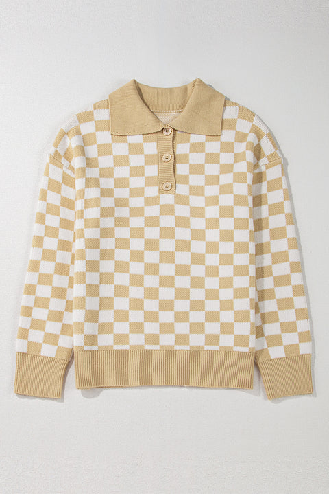 Apricot Checkered Buttons Collar V Neck Drop Shoulder Sweater