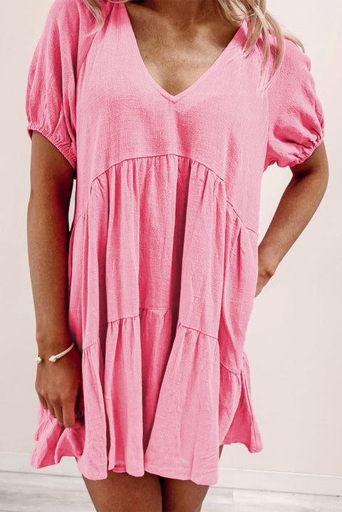 Strawberry Pink Puff Sleeve V Neck Tiered Swing Dress