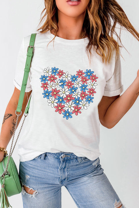 White Daisy Heart Shape Print Round Neck Casual T Shirt