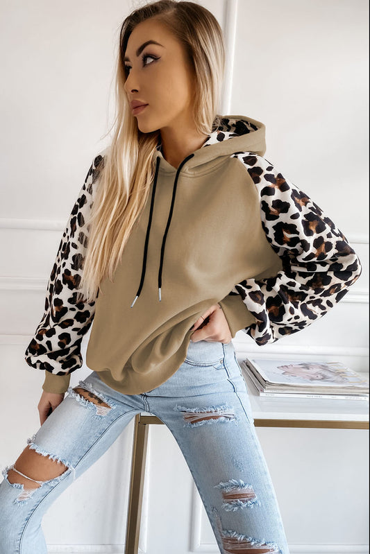 Khaki Leopard Bishop Sleeve Hooded Sweatshirt