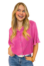 Bright Pink Satin Pleated Short Sleeve Shirt