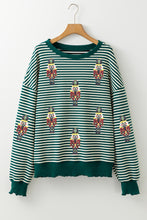 Green Stripe Nutcracker Doll Patched Drop Shoulder Long Sleeve Top