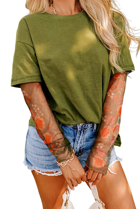 Fern Green Faux Two Piece Floral Long Sleeve Patchwork Tee