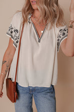 White Floral Embroidered Short Sleeve V Neck Blouse