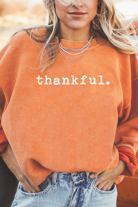 Orange Thankful Ribbed Crew Neck Thanksgiving Sweatshirt