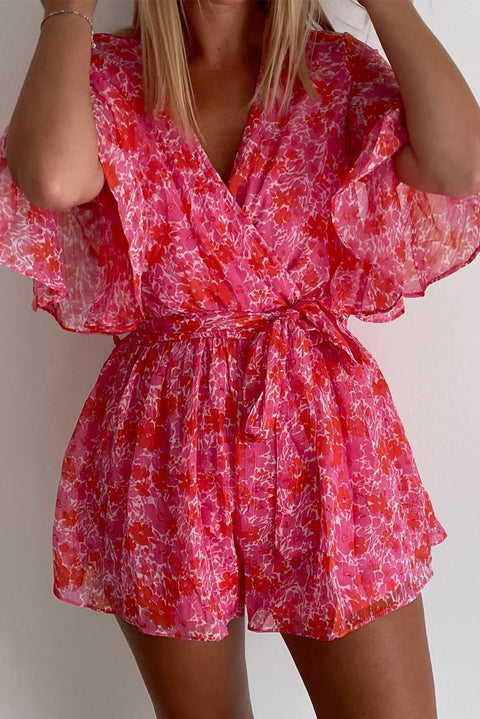 V Neck Ruffled Sleeve Floral Romper