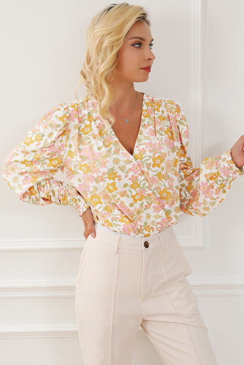 Multicolor Shirred Puff Sleeve V Neck Floral Bodysuit