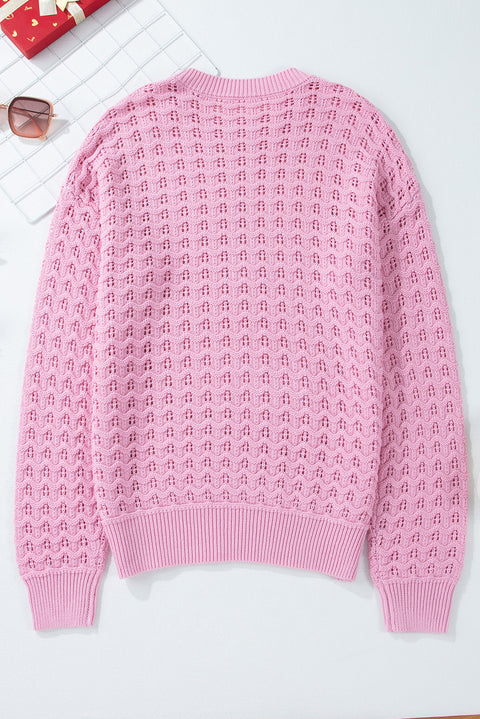 Pink Crochet Knit Drop Shoulder Sweater