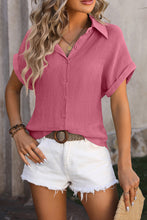 Rose Red Crinkle Textured Cuffed Short Sleeve Shirt