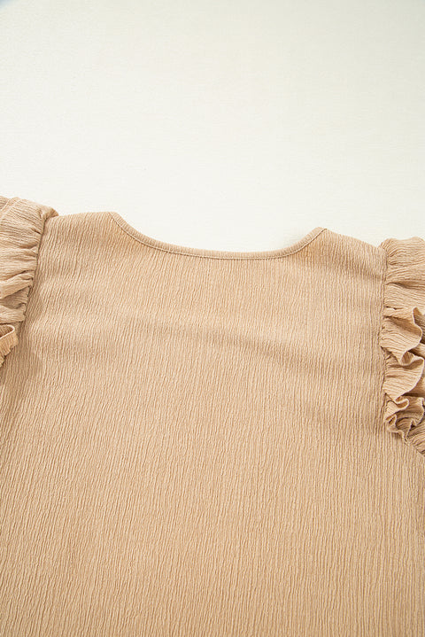 Smoke Gray Ruffled Tiered Sleeve Square Neck Textured Top