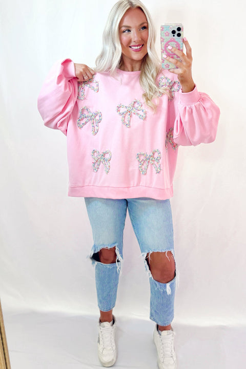 Light Pink Embroidered Bow Lantern Sleeve Oversized Pullover Sweatshirt