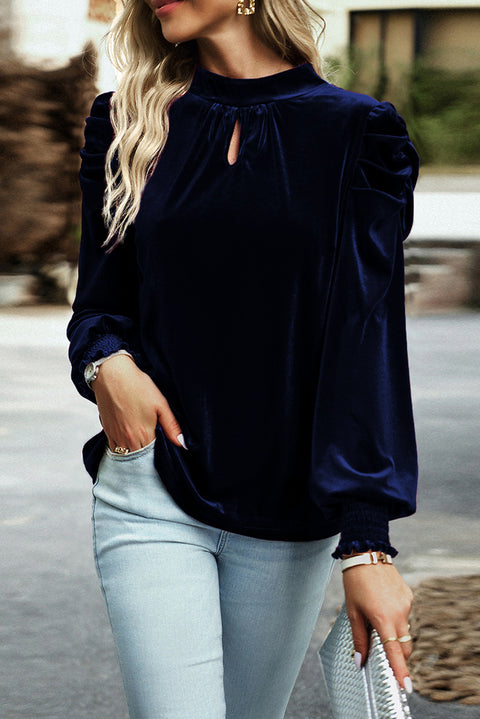 Navy Blue Mock Neck Puff Sleeve Velvet Blouse