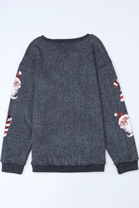 Gray Father Christmas Candy Cane Sequin Patched Baggy Sweatshirt