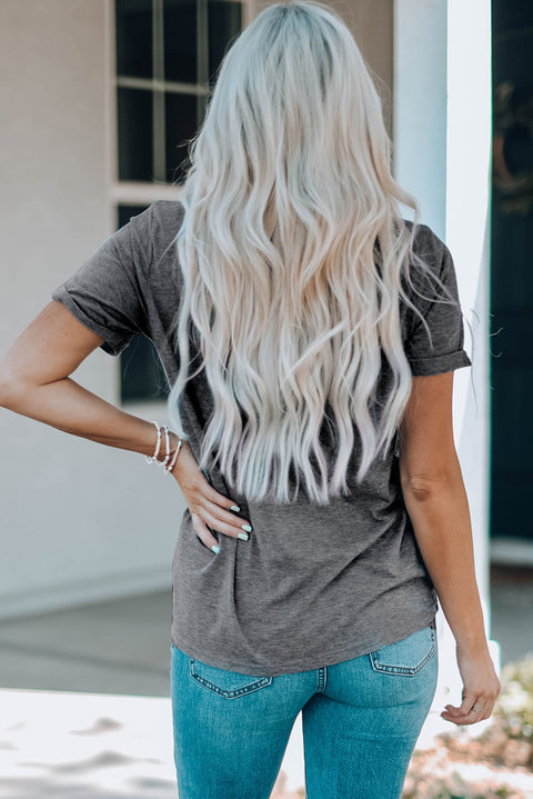 Gray Bowknots Print Round Neck Casual T Shirt