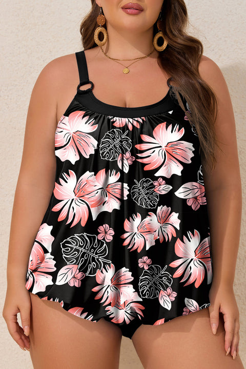 Black 2pcs Plus Size Wide Strap Floral Top Tankini Set