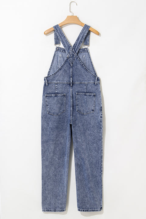 Sail Blue Denim Bib Straight Leg Jumpsuit with Pockets