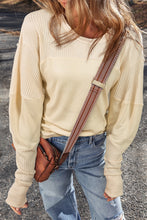 Beige Thermal Knit Patchwork Exposed Seam Long Sleeve Top