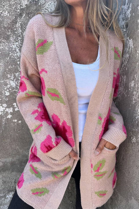 Floral Print Pocketed Open Front Cardigan