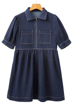 Dirty blue Zipped up Bodice Collared Short Puff Sleeve Denim Dress