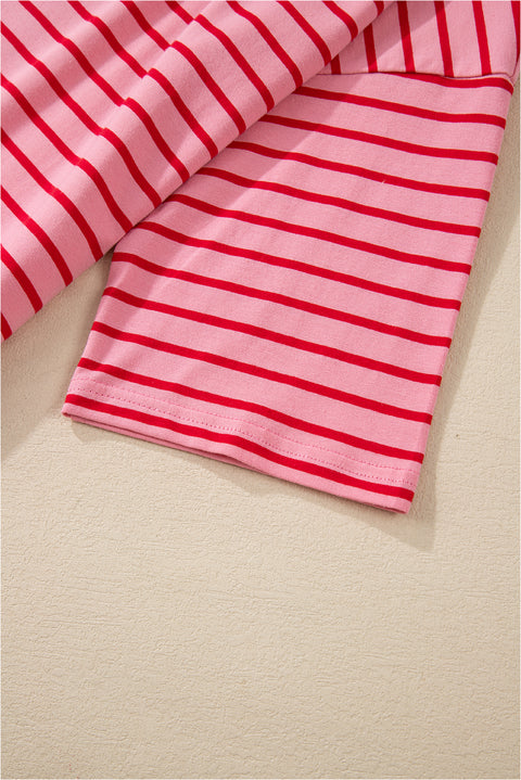 Strawberry Pink Striped 3/4 Sleeve Round Hem Shift T Shirt Dress