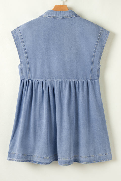 Beau Blue Lapel Neck Cap Sleeve High Waist Denim Babydoll Dress