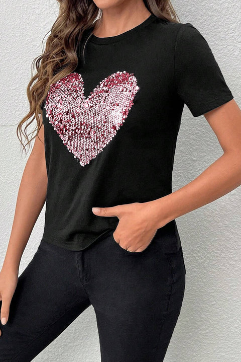 Black Valentine Sequin Heart Shaped Crew Neck T Shirt