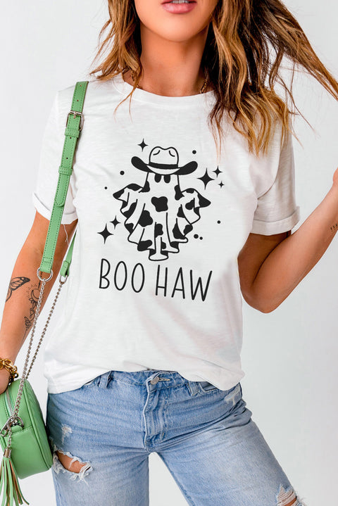 White Halloween BOO HAW Graphic Crew Neck Tee