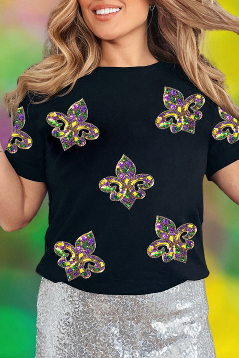 Black Maid Gras Sequin Fleur de Lis Graphic T Shirt