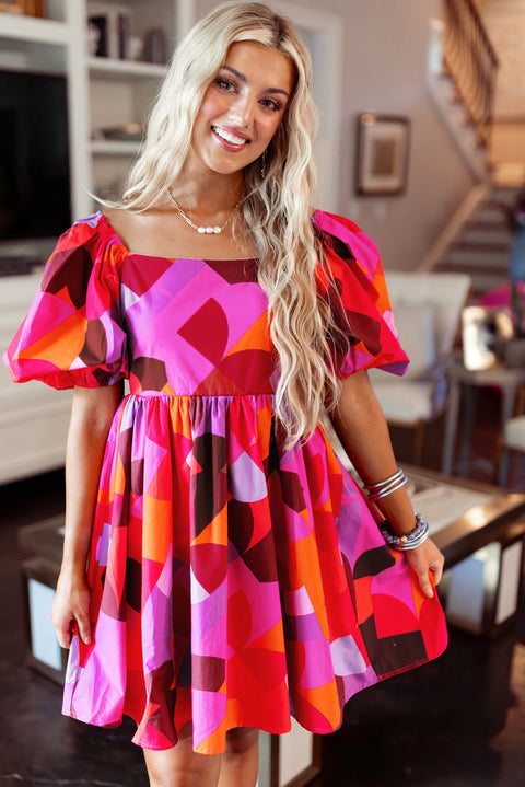 Red Abstract Print Square Neck Puff Sleeve Dress