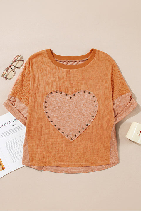 Desert Gold Stud Heart Patch Textured Front Dolman Top