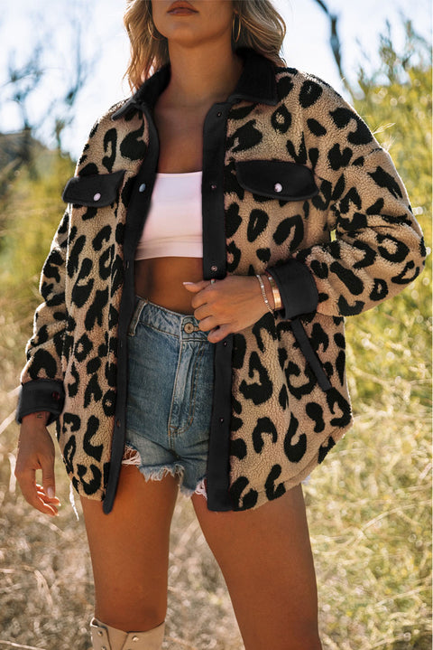 Contrast Trimmed Leopard Teddy Shacket