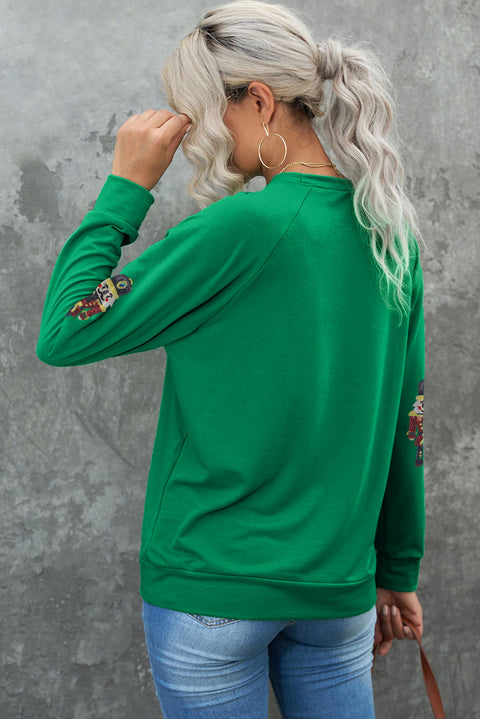 Green Sequin Nutcracker Patched Pattern Raglan Sleeve Christmas Sweatshirt