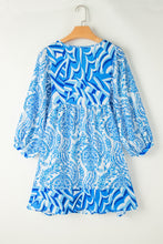 Sky Blue Bohemian Print Puff Sleeve Tied V Neck Flared Mini Dress