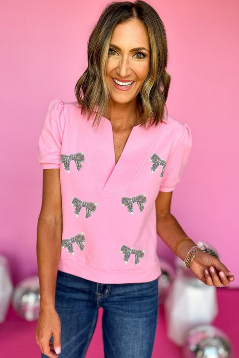 Pink Sequin Bow Knot Patched Collared V Neck T Shirt