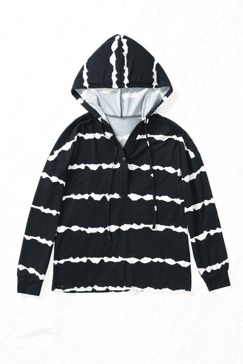 Striped Drawstring Button Long Sleeve Hoodie