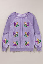 Orchid Petal Mardi Gras Patched Pattern Waffle Patchwork Sweatshirt