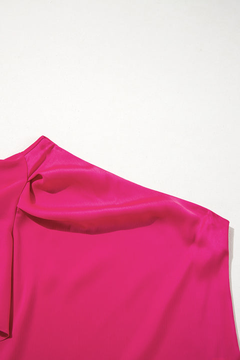 Strawberry Pink Asymmetric Shoulder Ruffle Sleeve Elegant Blouse