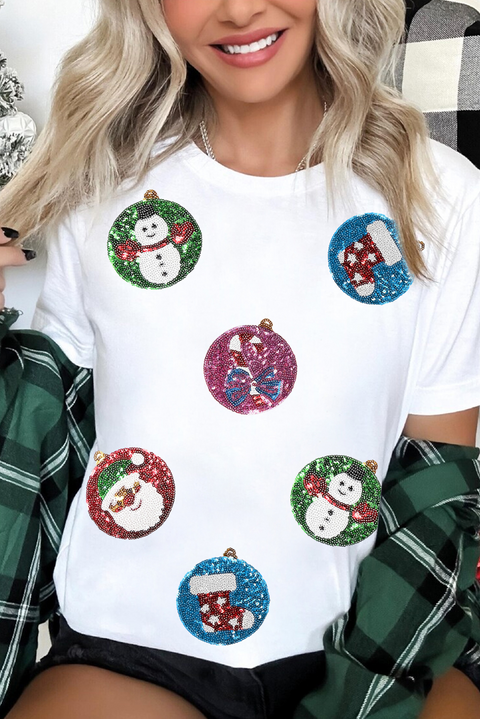 White Sequin Patterned Christmas Light Patch Round Neck Tee