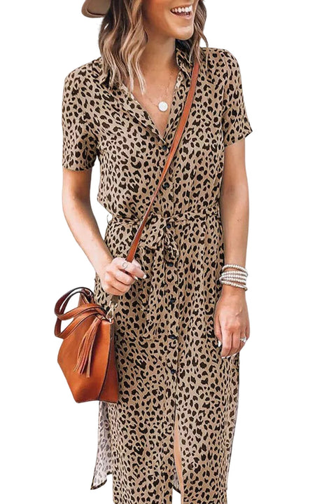 Khaki Leopard Turn-Down Collar Slit Midi Dress