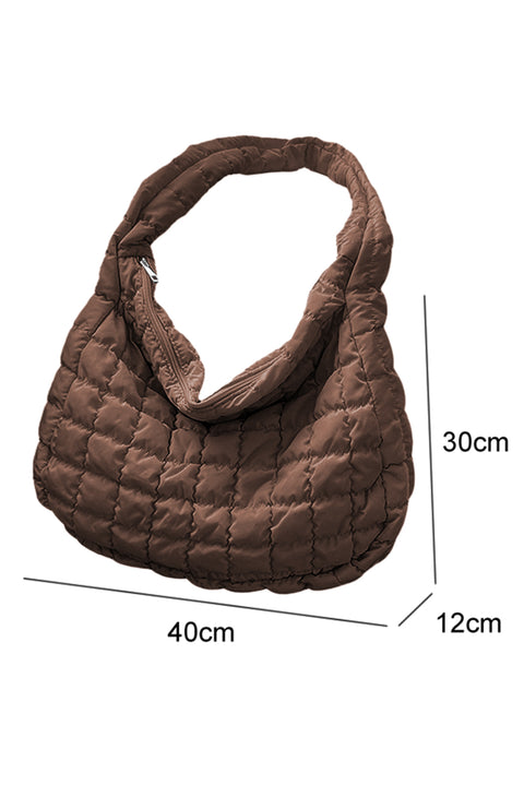 Coffee Quilted Zipper Large Shoulder Bag