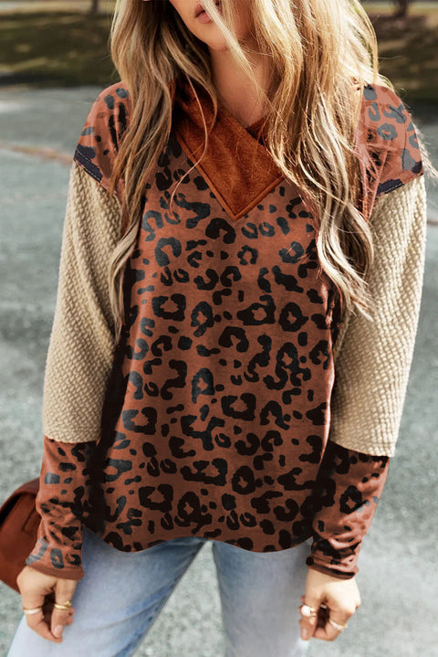 Brown Textured Knit Patchwork Leopard Hoodie