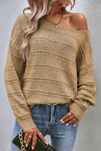 Pale Khaki Boat Neck Drop Shoulder Pointelle Knit Sweater