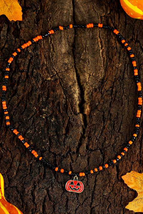 Orange Pumpkin Face Pendant Rice Beaded Halloween Necklace