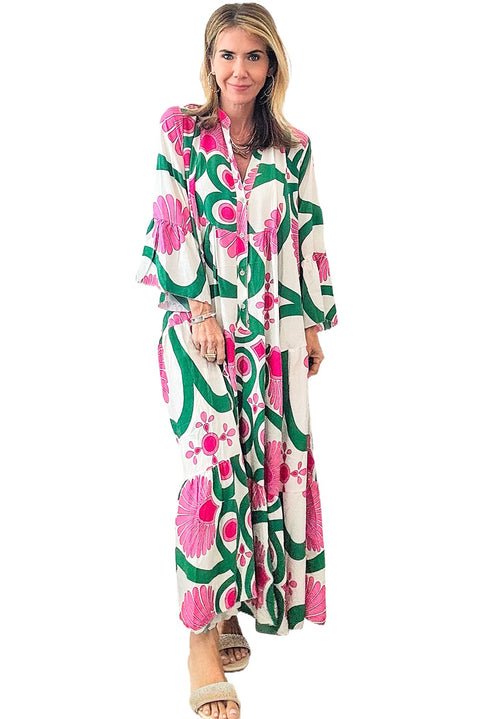 Pink Boho Floral Printed Long Sleeve Buttoned Loose Maxi Dress