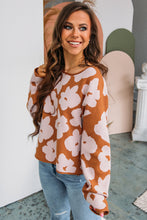 Brown Floral Pattern Crew Neck Long Sleeve Loose Sweater