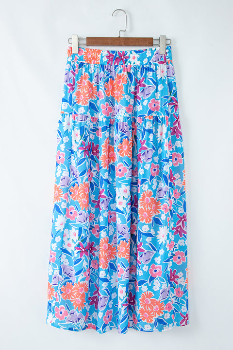 Sky Blue Floral Printed High Waist Split Wrap Long Skirt