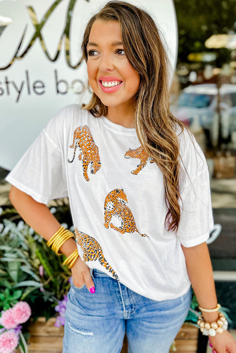 White Leopard Print Drop Shoulder Casual T Shirt